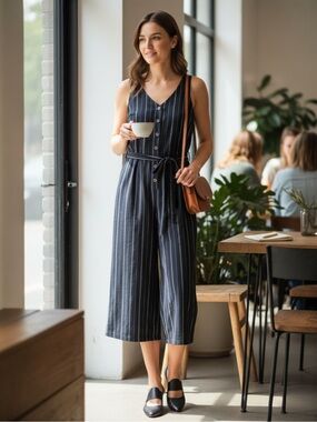 URBAN Romantics lagenlook indie pinstripe black white wide leg jumpsuit small